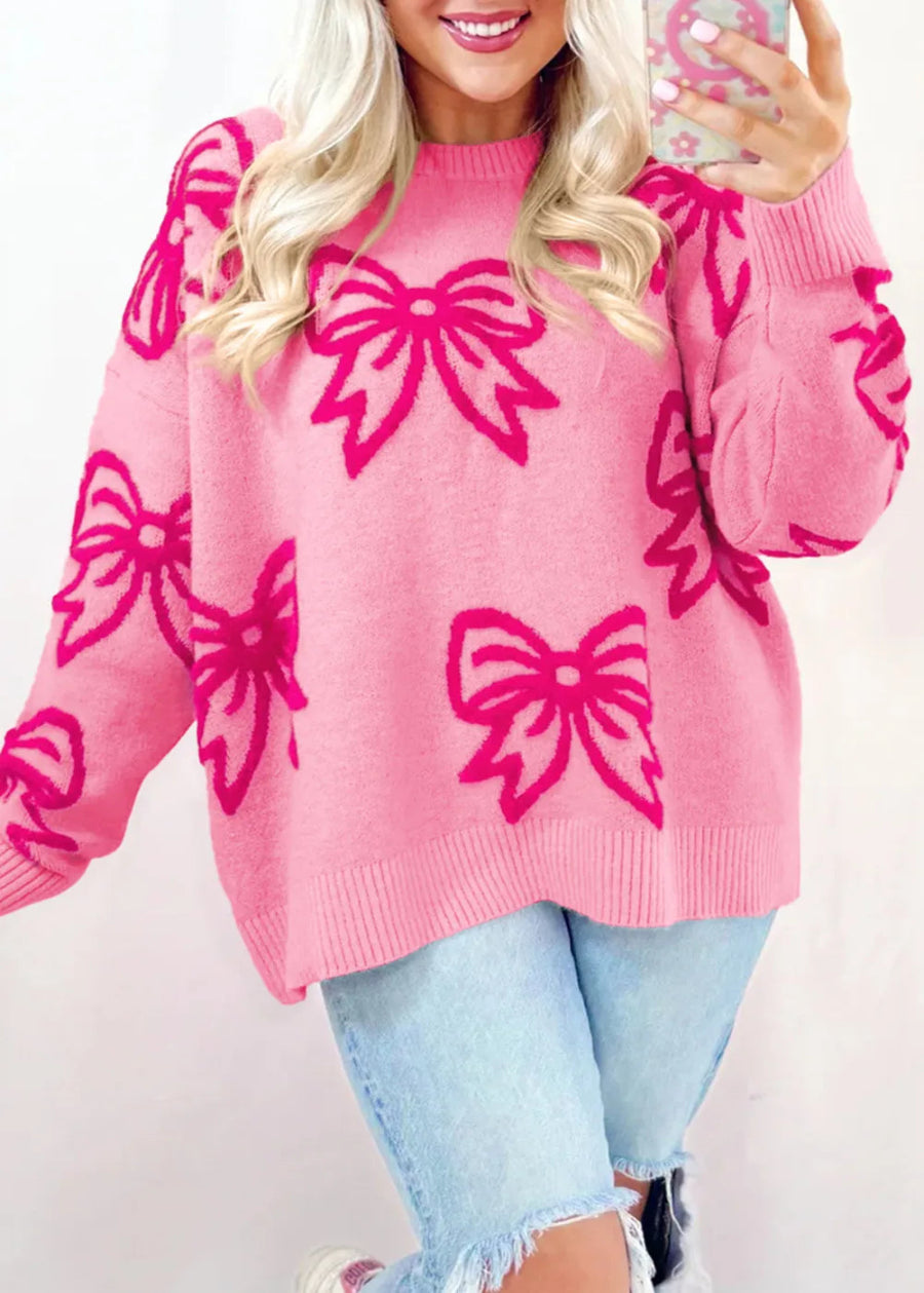 Pink Bow Drop Shoulder Sweater
