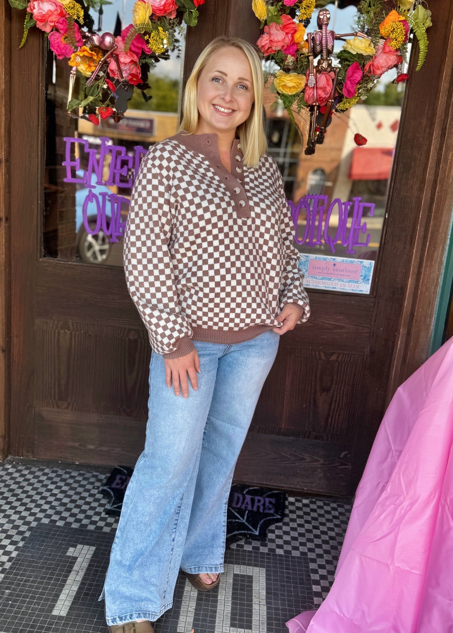 Dark Brown Half Button Down Checkered Sweater