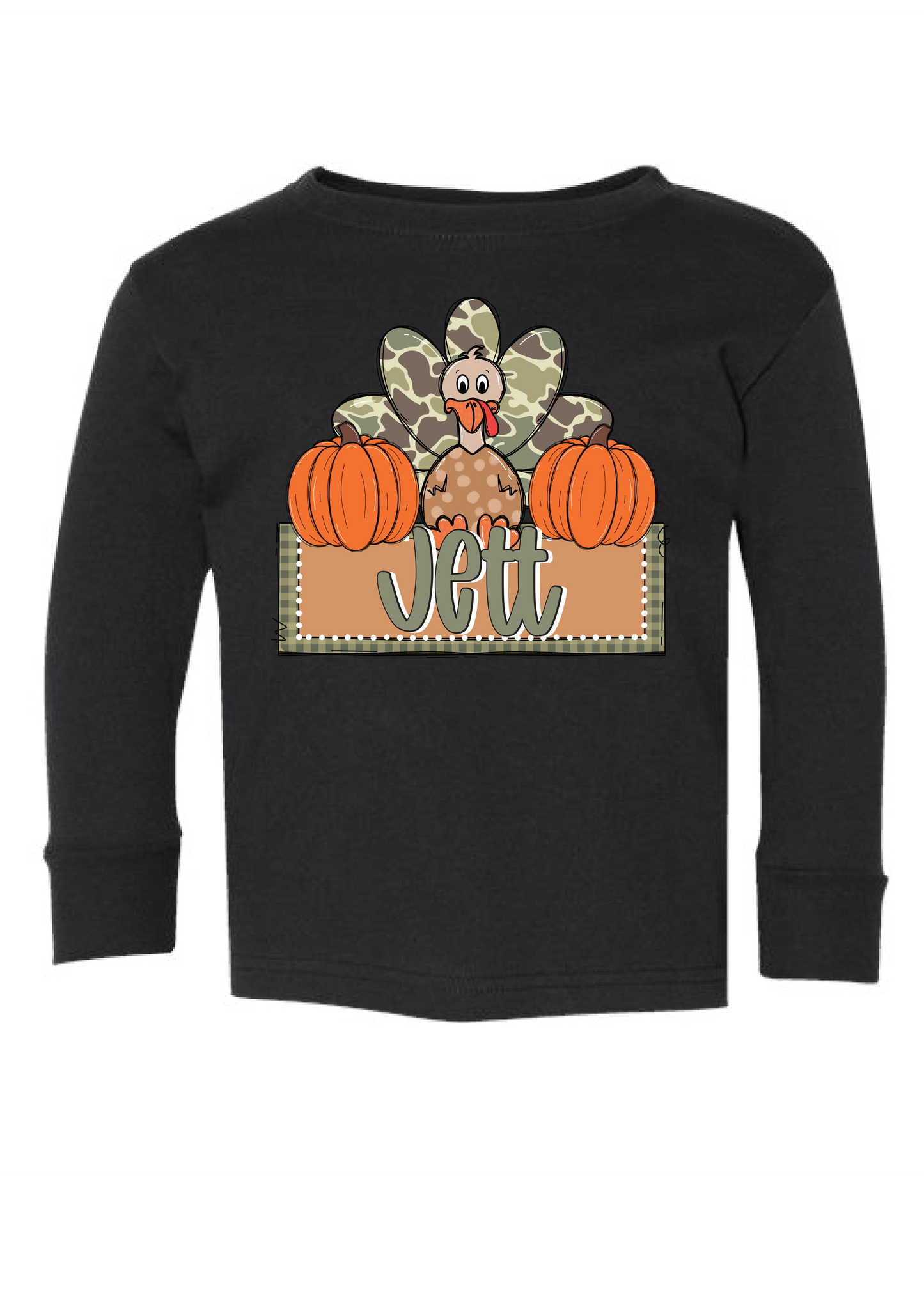 Boys Camo Turkey Name Long Sleeve Tee