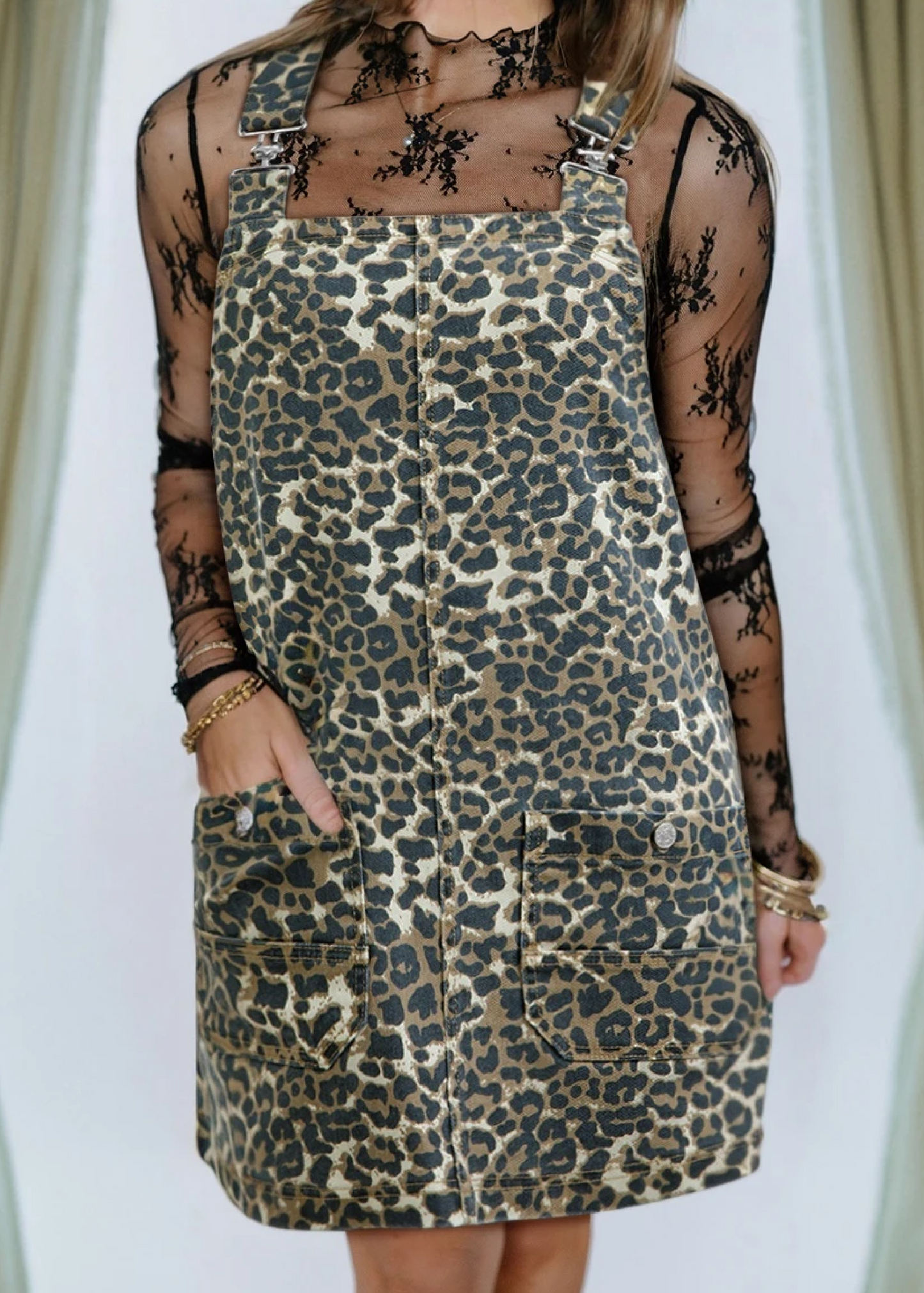 Leopard Denim Overall Dress