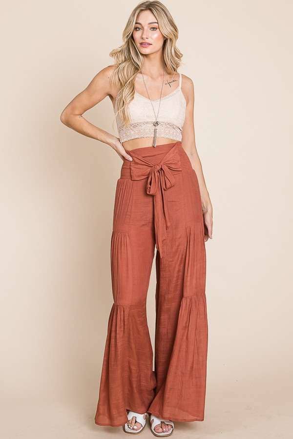 Crinkle Bow Front Smocked Waist Wide Leg Pants