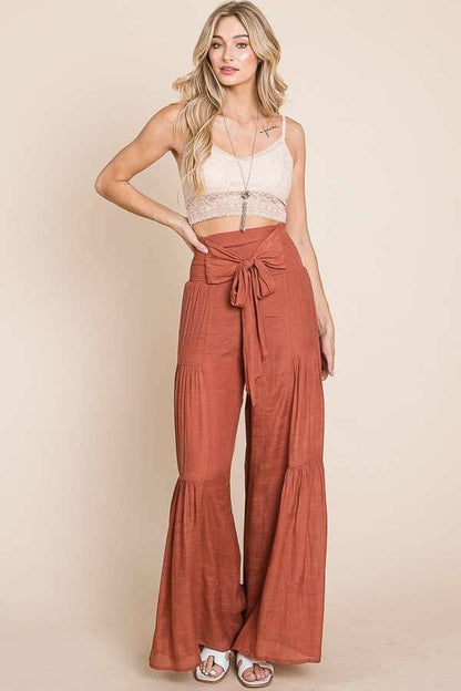 Crinkle Bow Front Smocked Waist Wide Leg Pants