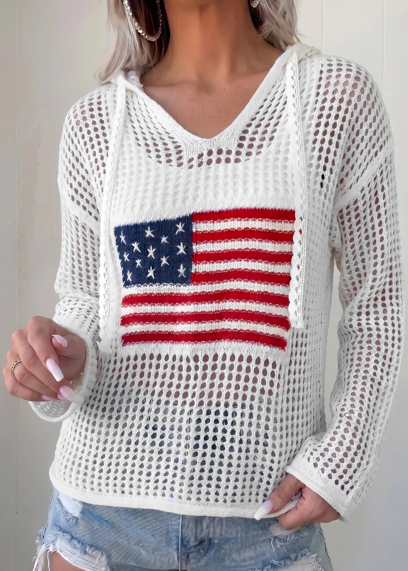 Red, White, & Crocheted Hoodie