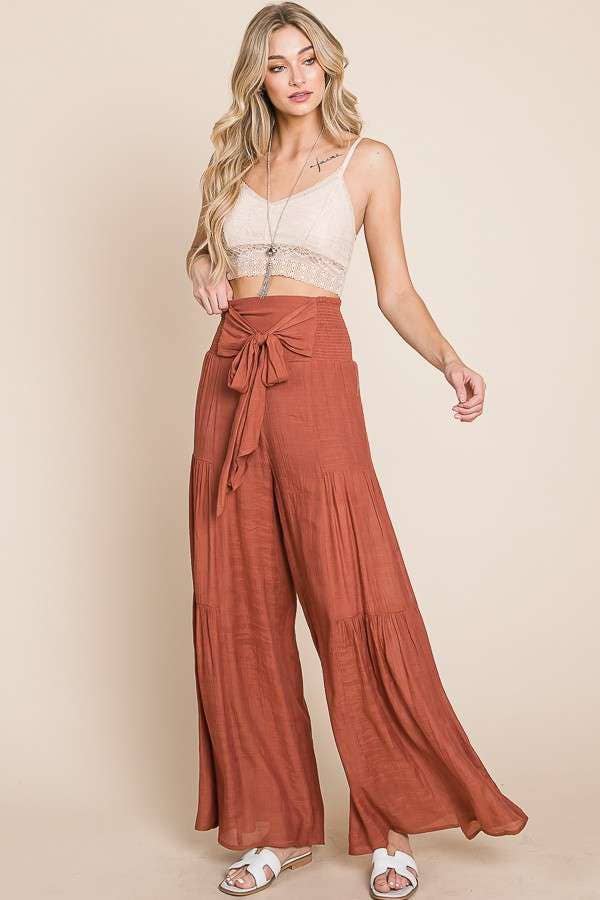 Crinkle Bow Front Smocked Waist Wide Leg Pants