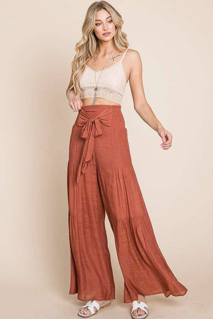 Crinkle Bow Front Smocked Waist Wide Leg Pants