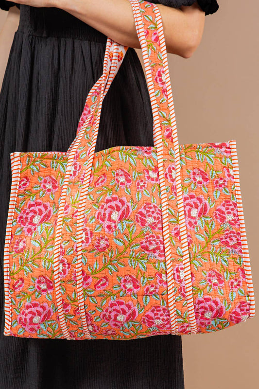 Tangerine Floral Reversible Quilted Tote Bag with Personalization