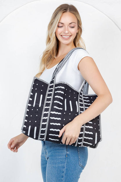 Black and White Modern Reversible Quilted Tote Bag with Personalization
