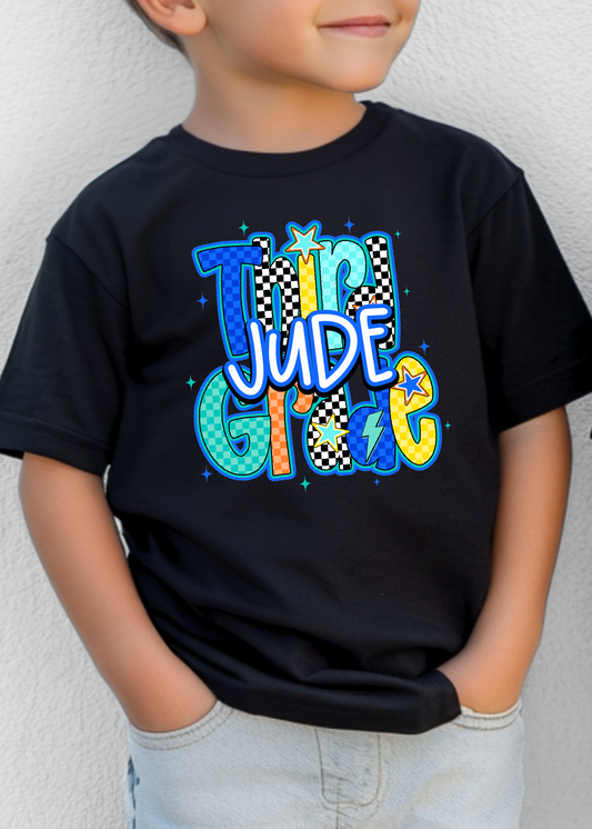 Blue Checker Back to School Grade & Name Tee