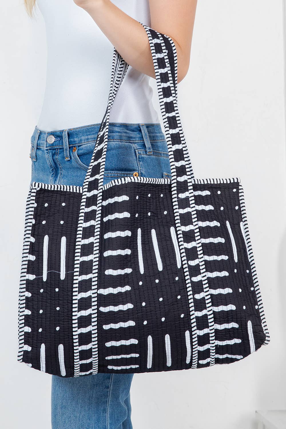Black and White Modern Reversible Quilted Tote Bag with Personalization