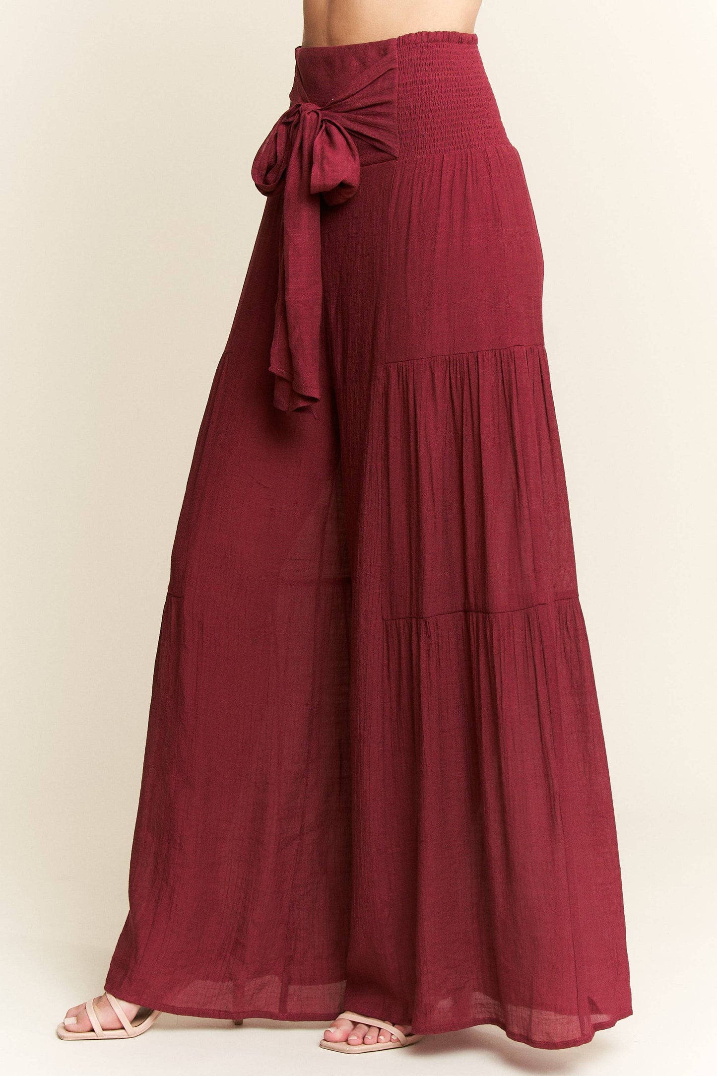 Crinkle Bow Front Smocked Waist Wide Leg Pants