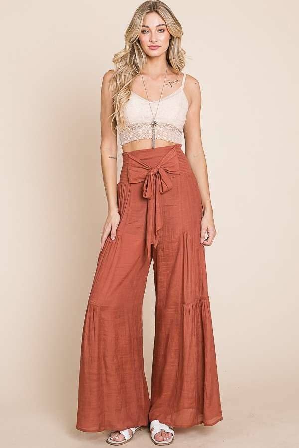 Crinkle Bow Front Smocked Waist Wide Leg Pants