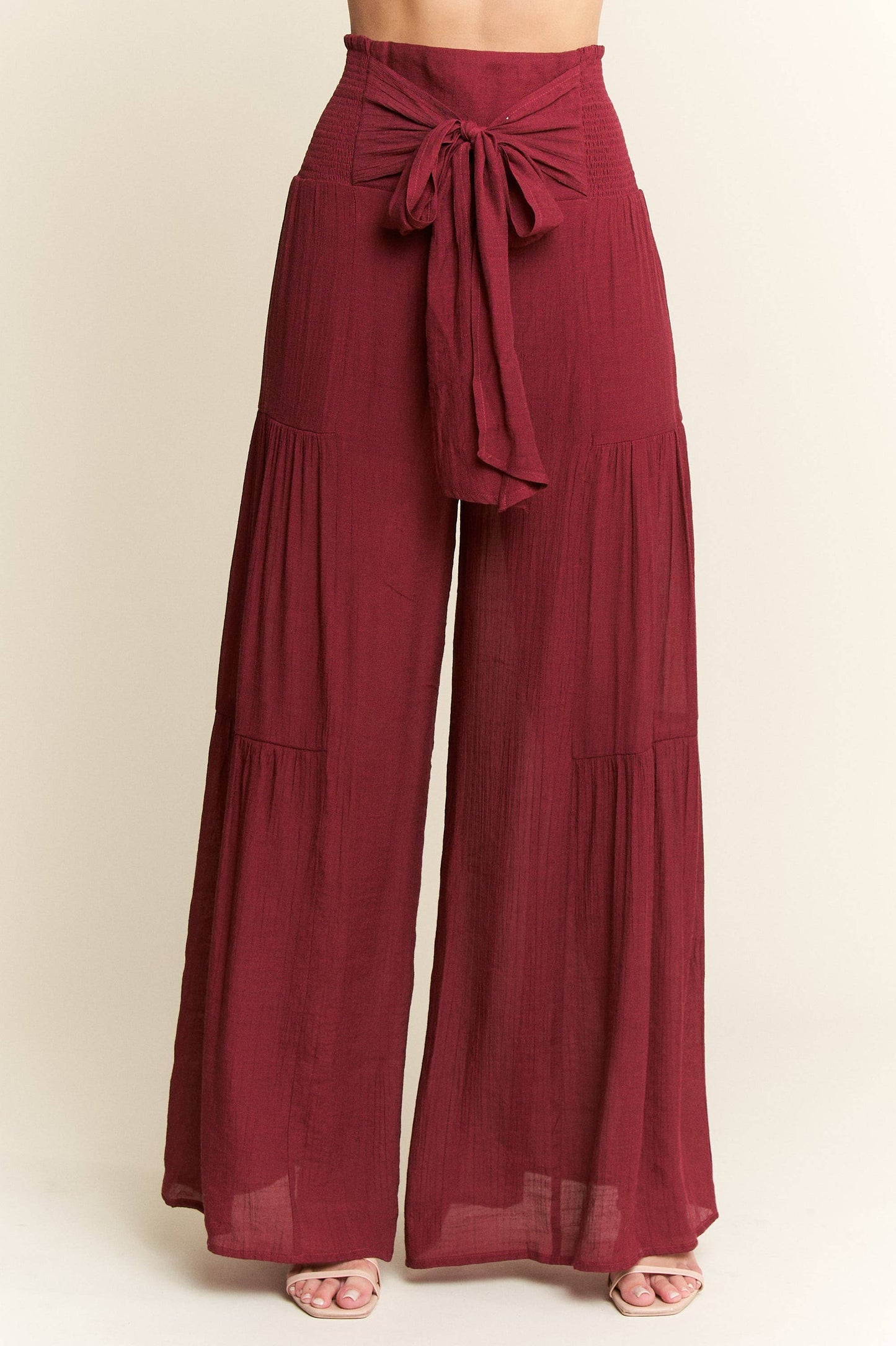 Crinkle Bow Front Smocked Waist Wide Leg Pants