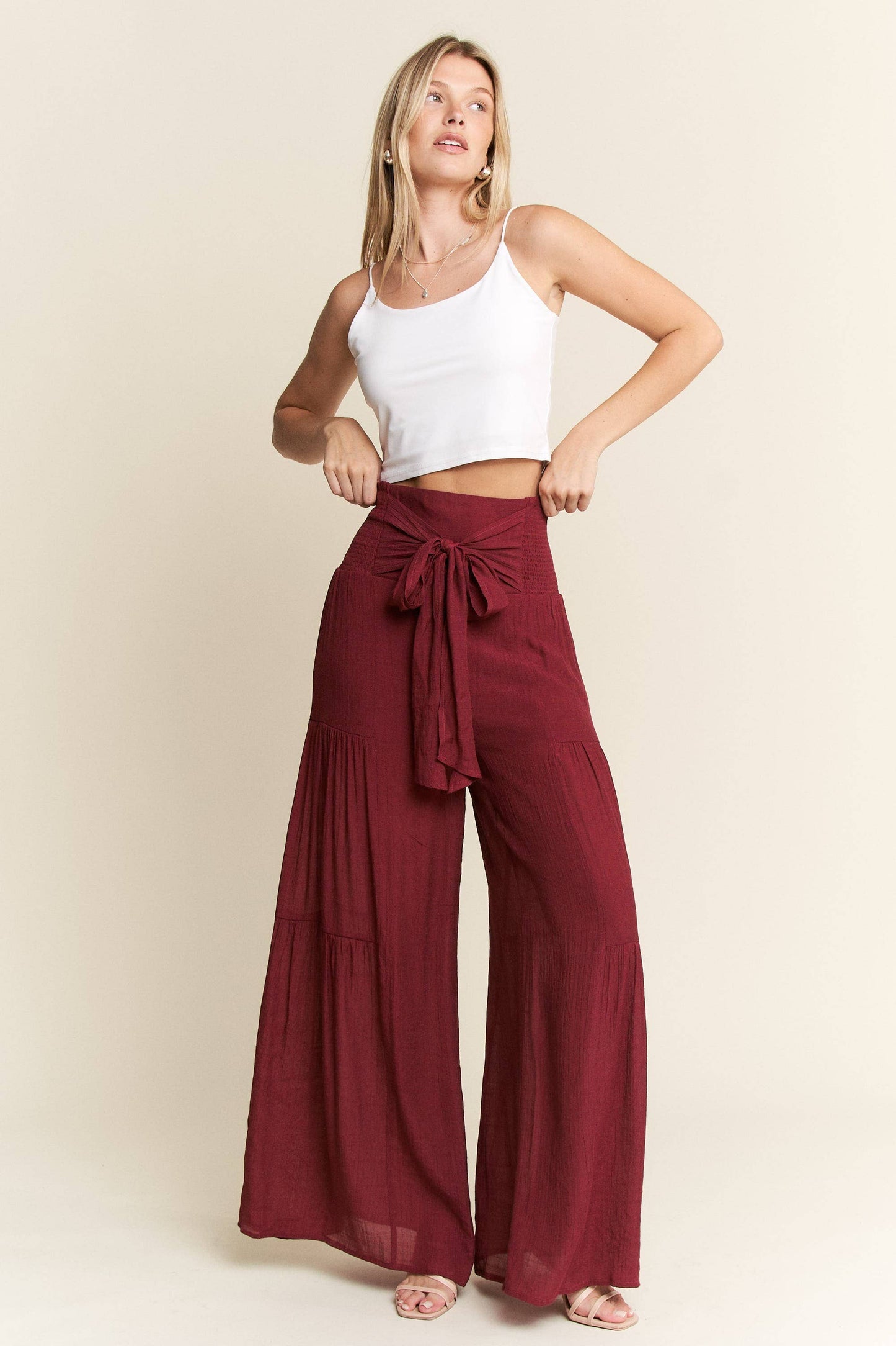 Crinkle Bow Front Smocked Waist Wide Leg Pants
