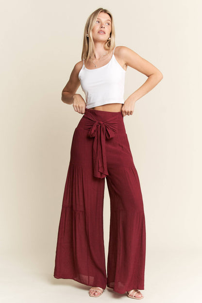 Crinkle Bow Front Smocked Waist Wide Leg Pants