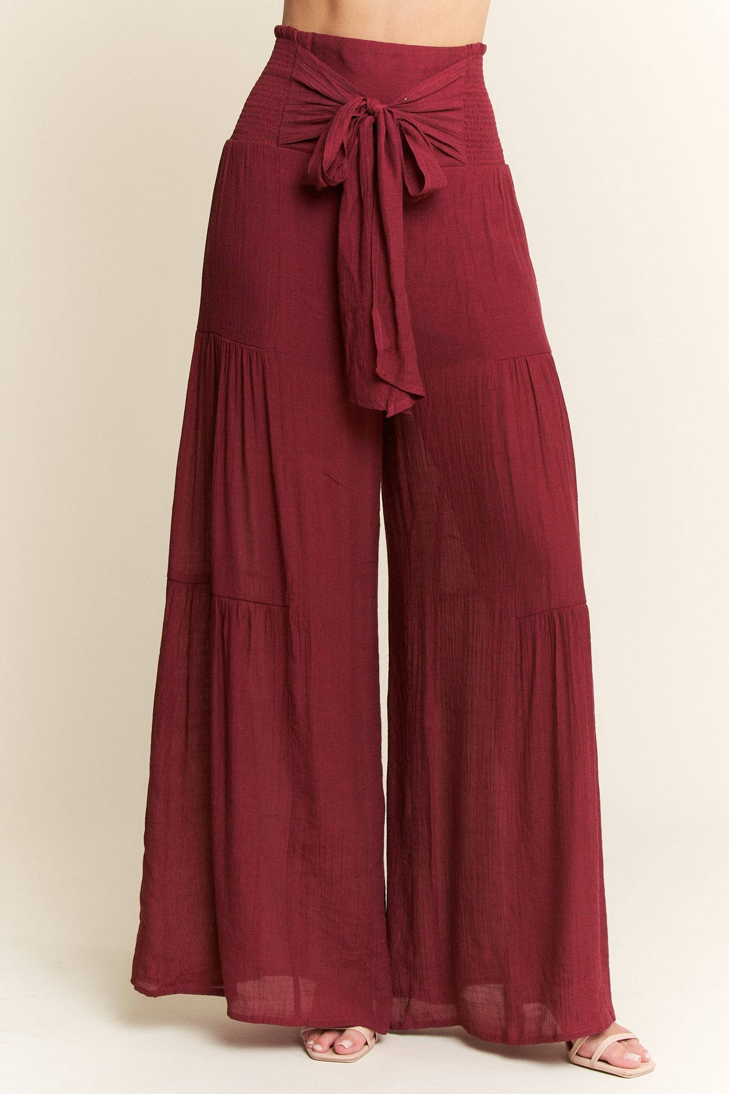 Crinkle Bow Front Smocked Waist Wide Leg Pants