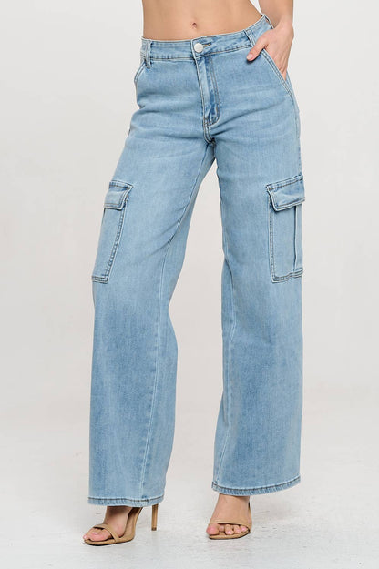 HIGH WAISTED SUPER-STRETCH DENIM CARGO WIDE LEG JEANS