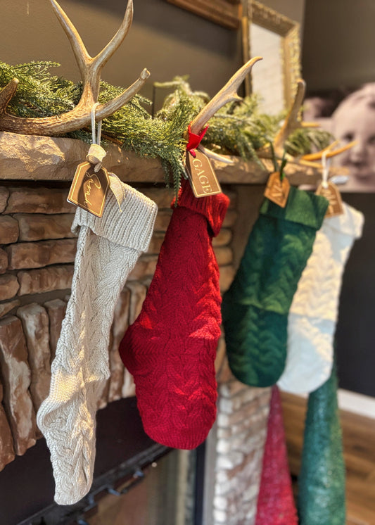 Custom Cable Knit Stocking with Leather Tag