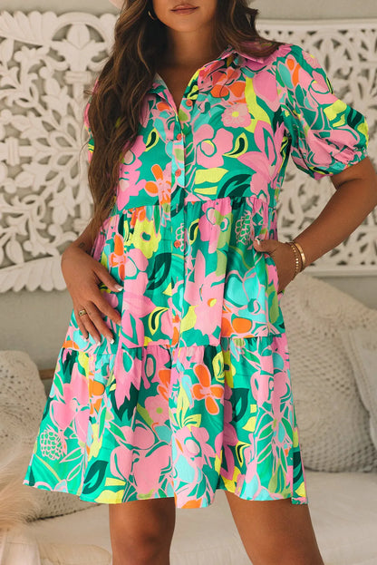 Gorgeous Green Floral Puff Sleeve Dress