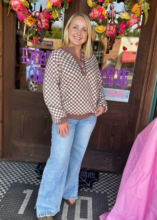 Dark Brown Half Button Down Checkered Sweater