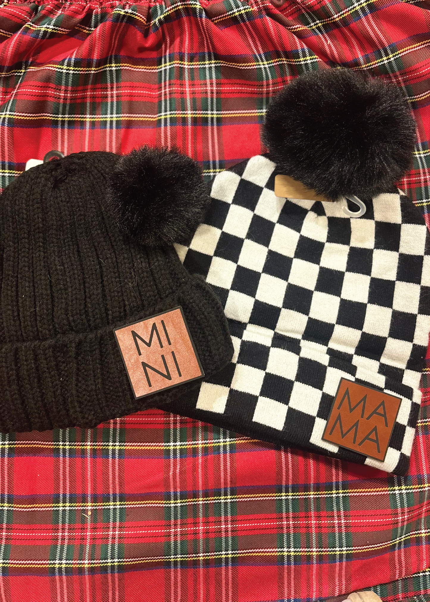 Custom Leather Patch Checkered POM Beanies