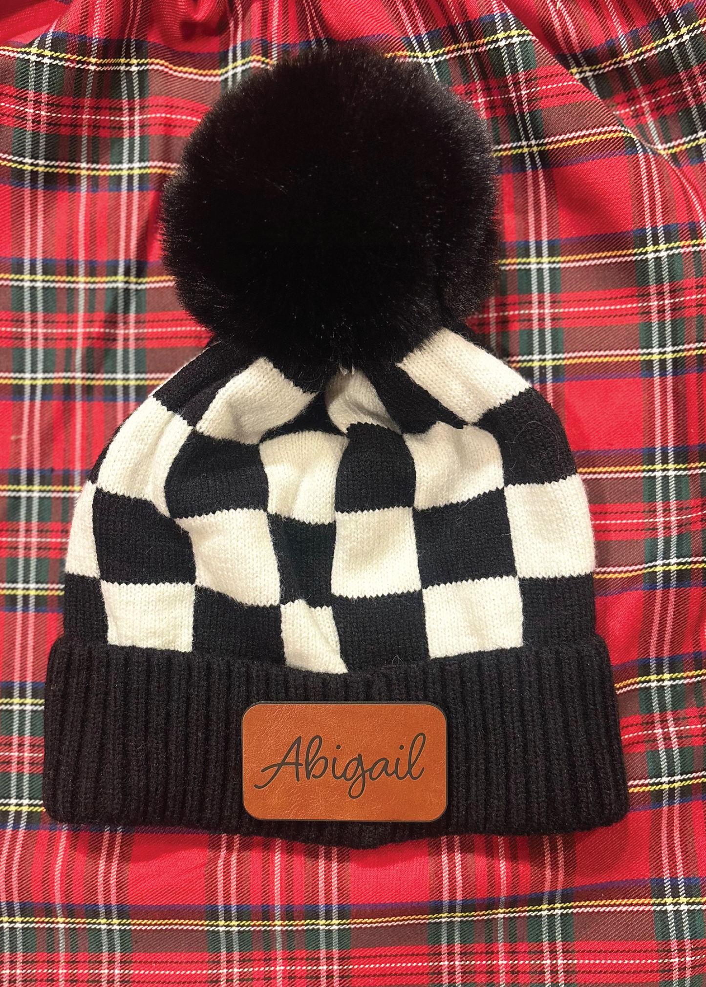 Custom Leather Patch Checkered POM Beanies