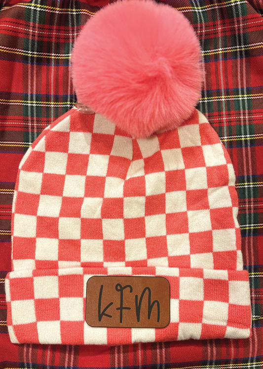 Custom Leather Patch Checkered POM Beanies