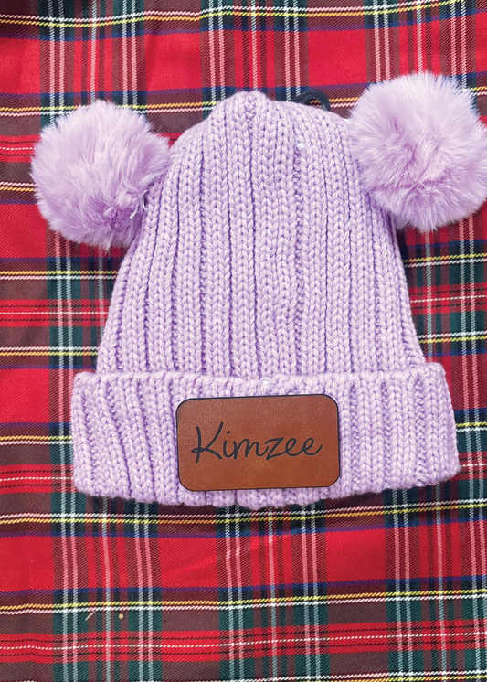 Custom Leather Patch Infant/ Toddler Double Pom Beanie