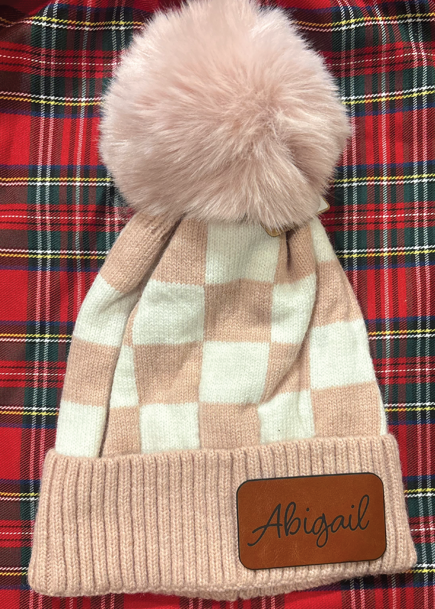 Custom Leather Patch Checkered POM Beanies