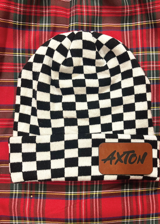 Custom Leather Patch Solid Black & White Checkered Beanie