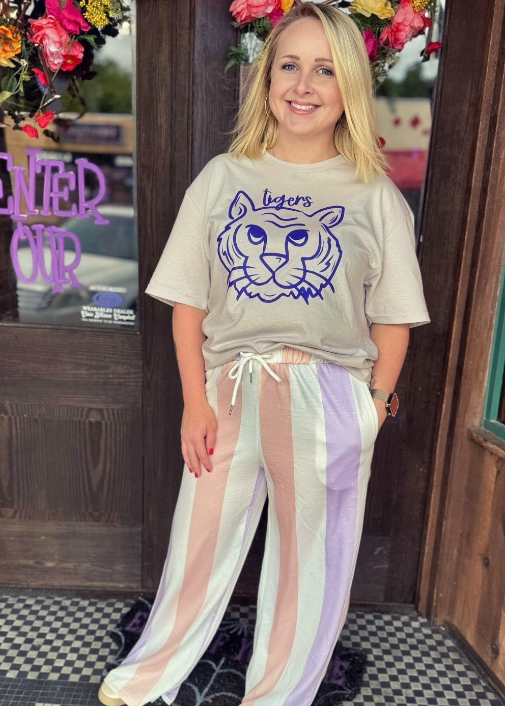 Purple Striped Drawstring Pants
