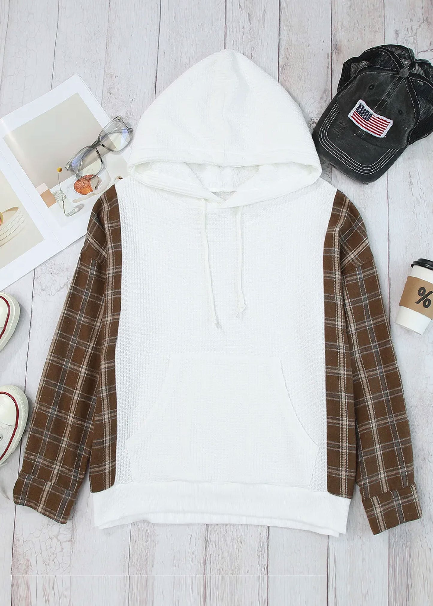 White Waffle Plaid Slv. Hoodie