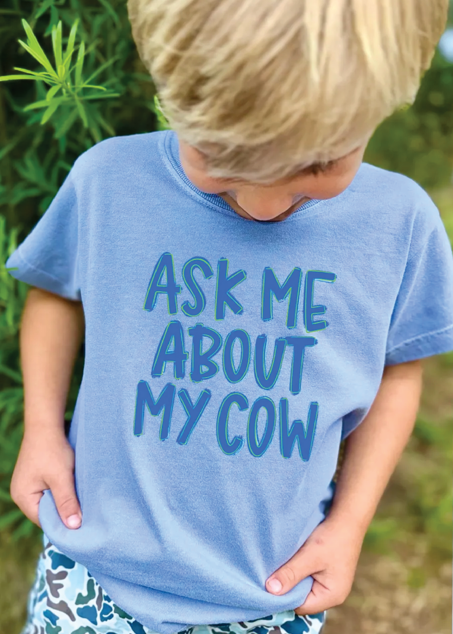 Ask me about my cow graphic tee
