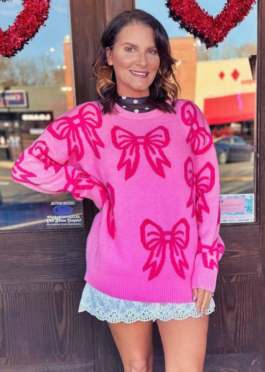 Pink Bow Drop Shoulder Sweater