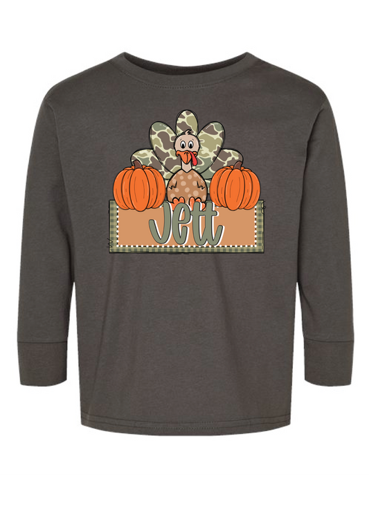 Boys Camo Turkey Name Long Sleeve Tee