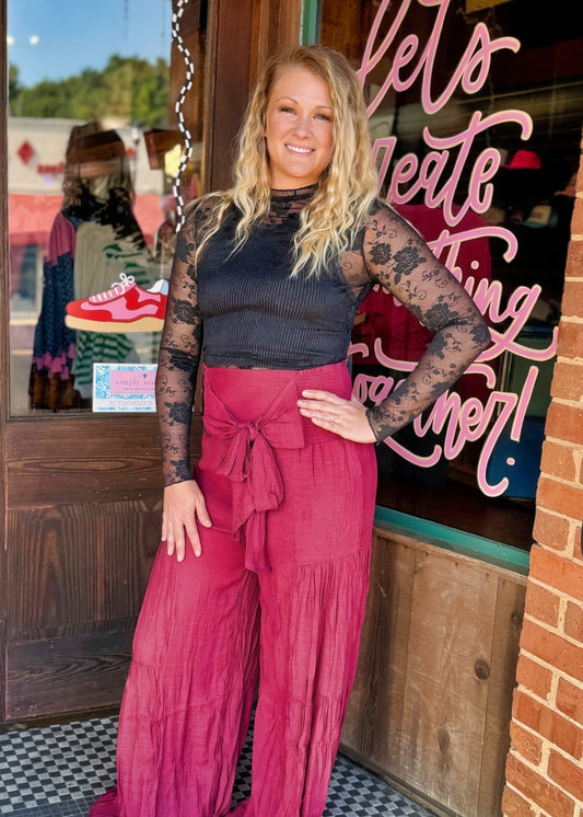 Crinkle Bow Front Smocked Waist Wide Leg Pants