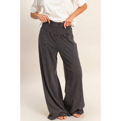 Mineral Washed Wide-Leg Smocked Waist Pants