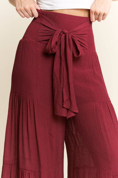 Crinkle Bow Front Smocked Waist Wide Leg Pants