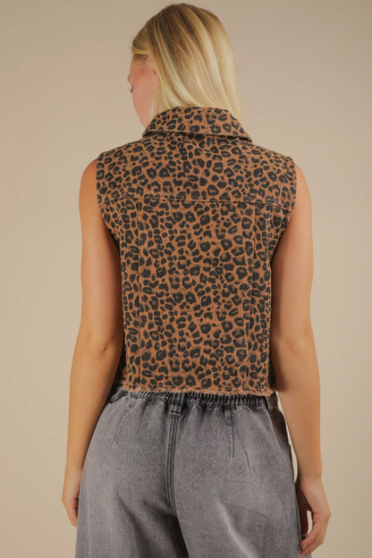 Leopard Printed Collared Casual Vest