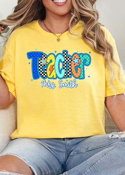 Blue Checker Back to School Grade & Name Tee