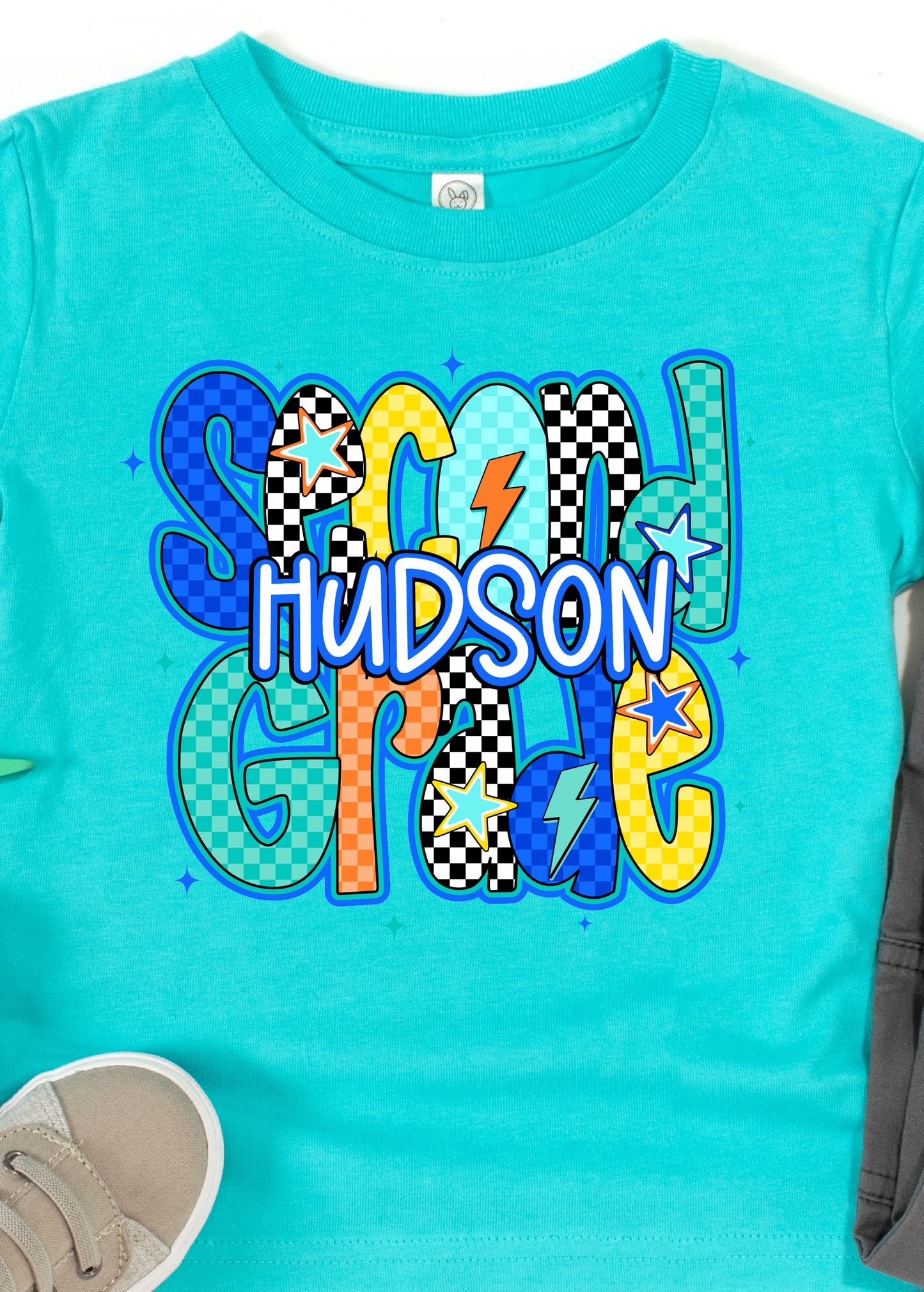 Blue Checker Back to School Grade & Name Tee