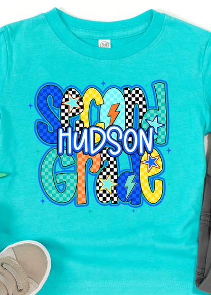 Blue Checker Back to School Grade & Name Tee