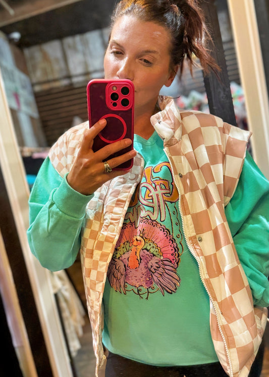 Khaki Checkered Puff Vest