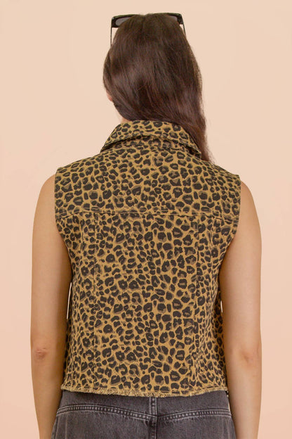 Leopard Printed Collared Casual Vest
