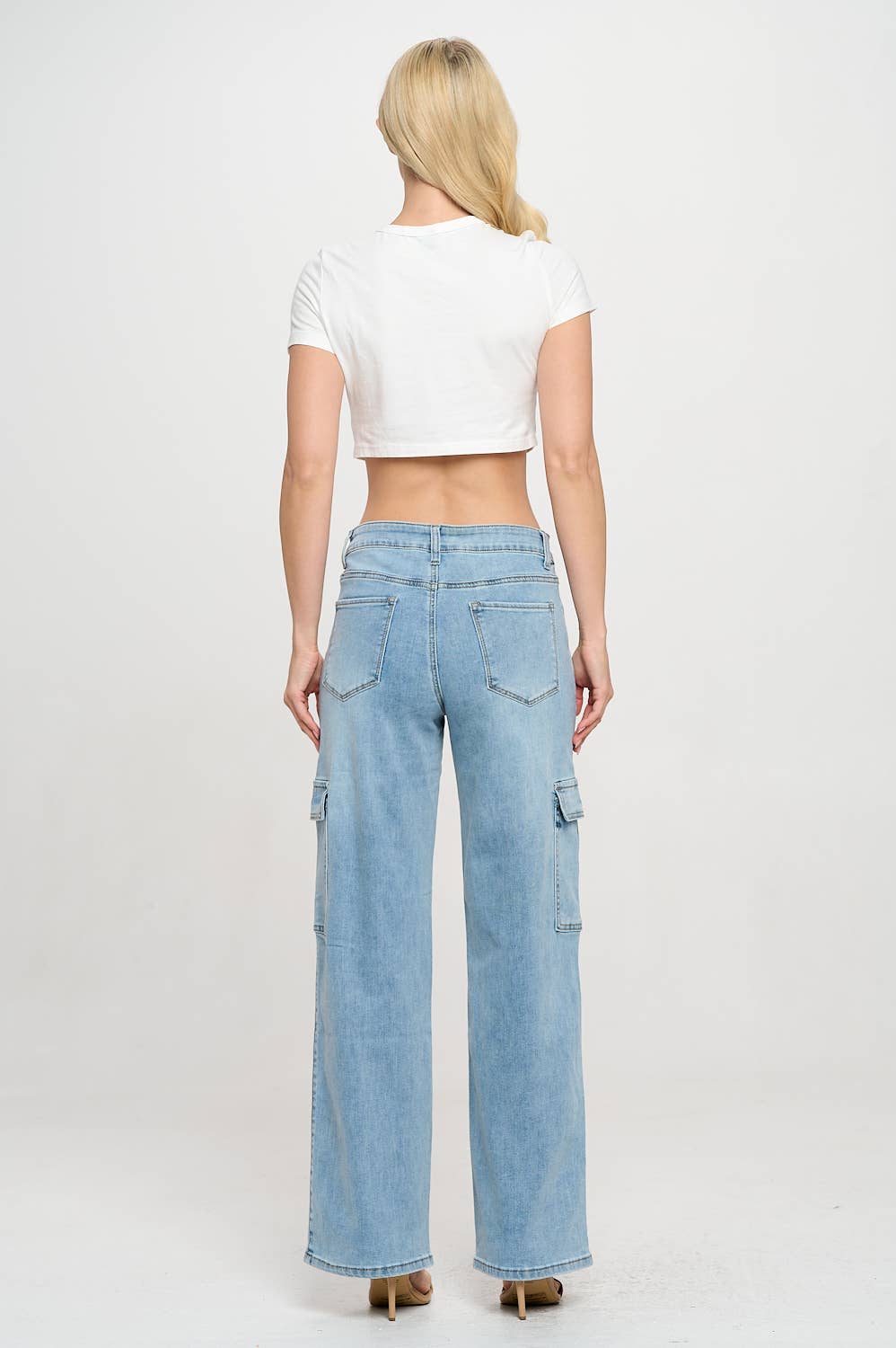 HIGH WAISTED SUPER-STRETCH DENIM CARGO WIDE LEG JEANS