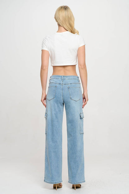 HIGH WAISTED SUPER-STRETCH DENIM CARGO WIDE LEG JEANS