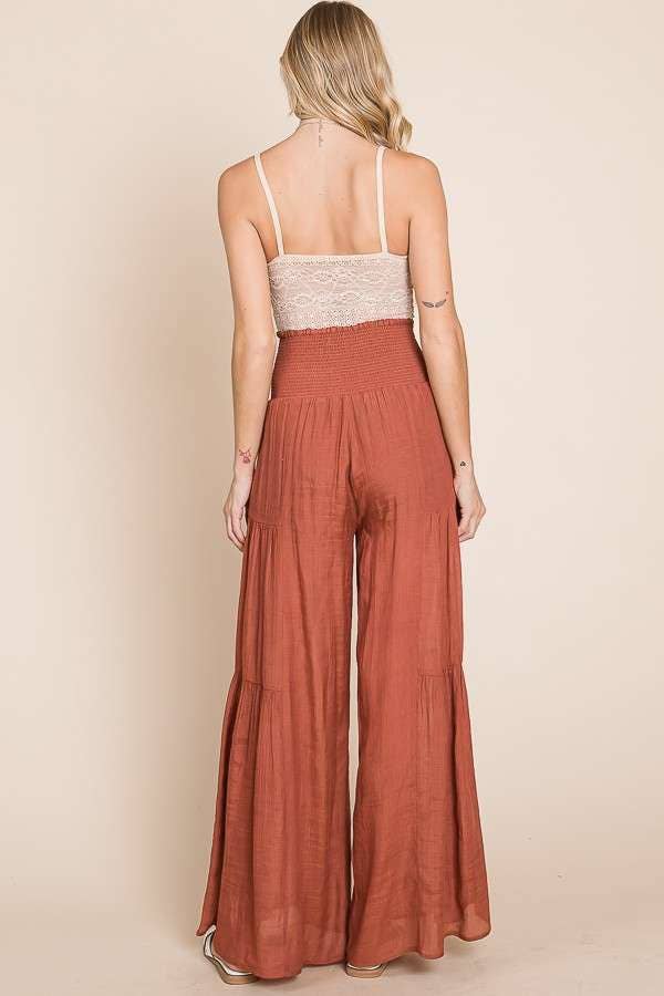 Crinkle Bow Front Smocked Waist Wide Leg Pants
