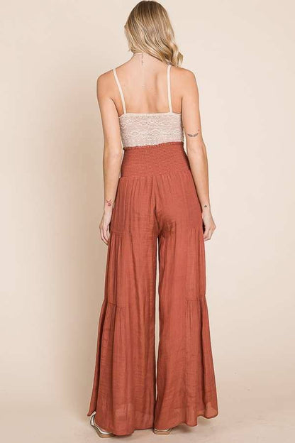 Crinkle Bow Front Smocked Waist Wide Leg Pants