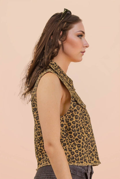 Leopard Printed Collared Casual Vest
