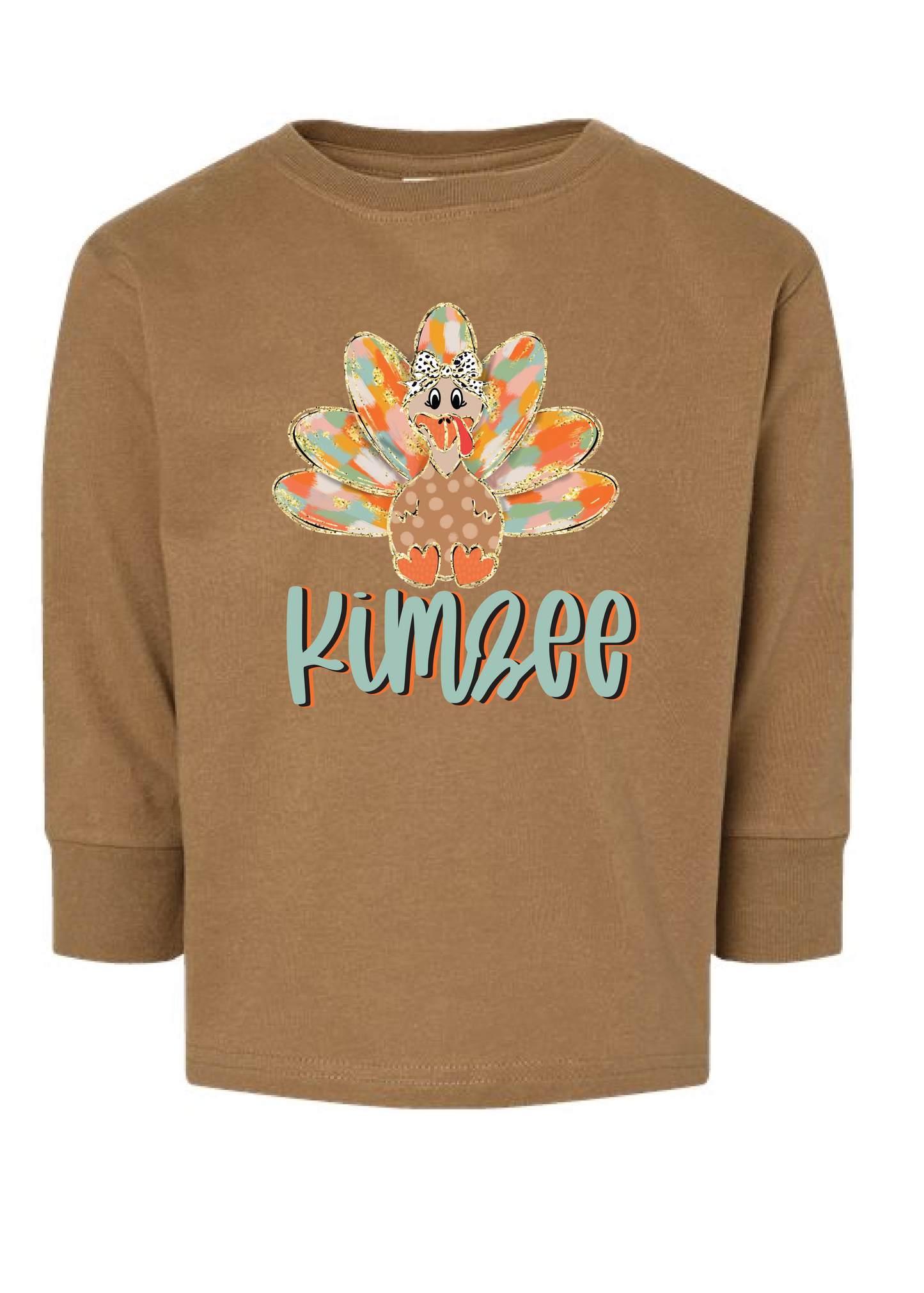 Girls Orange Watercolor Turkey Name Long Sleeve