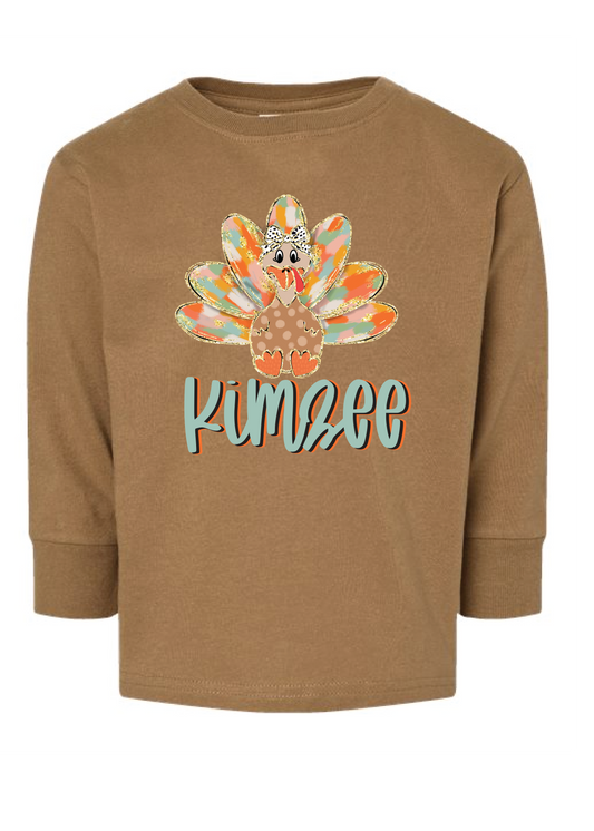 Girls Orange Watercolor Turkey Name Long Sleeve